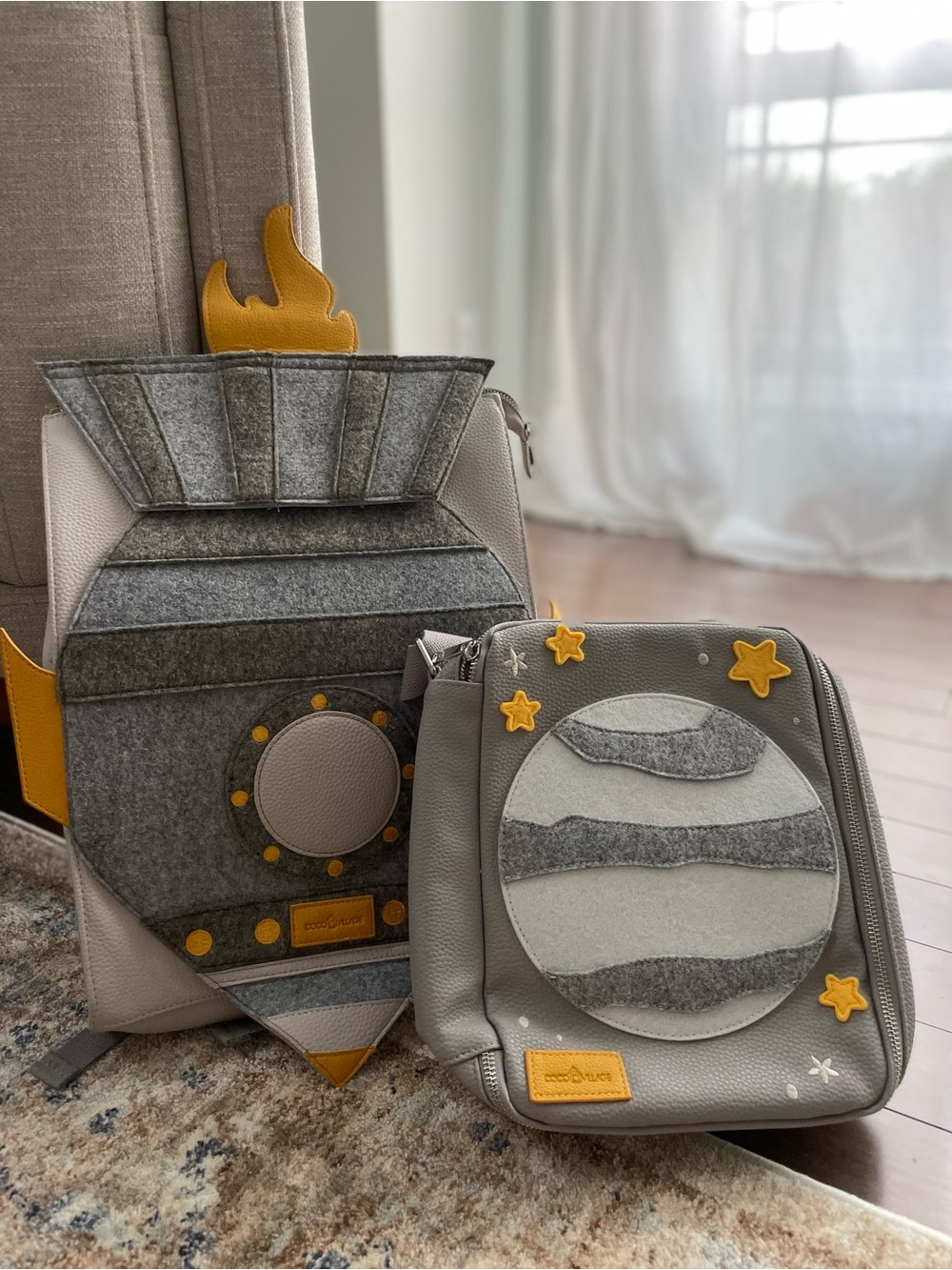 Kids Rocket Backpack and Planet Crossbody Bag in Gray and Yellow